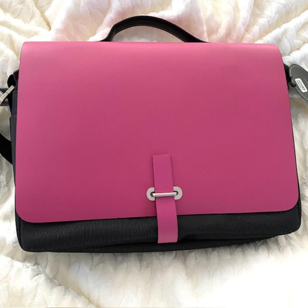 Pink Leather Black Nylon Laptop Bag, NWT